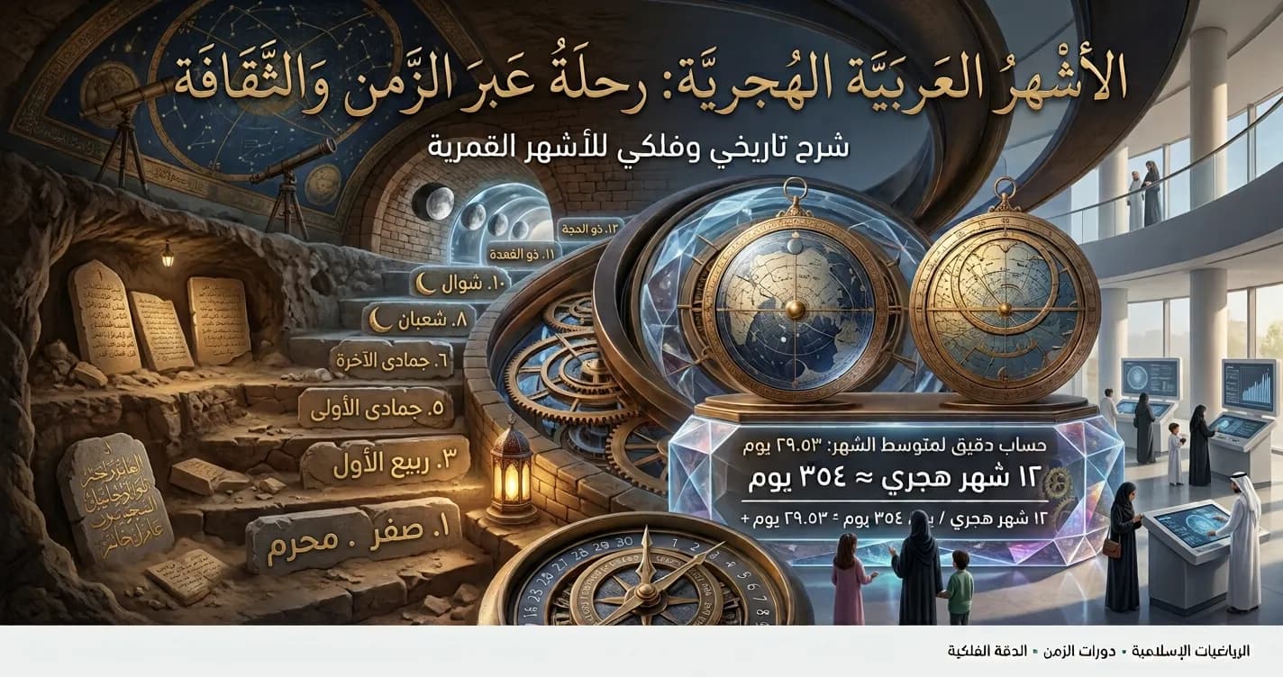 لوحة فنية تجمع أسماء الأشهر العربية الهجرية الاثني عشر مع رموز القمر والعبادات الإسلامية