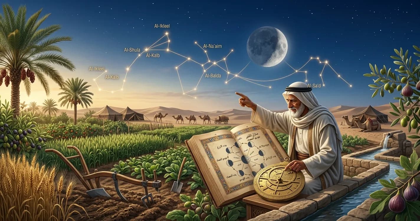 منازل القمر الـ28 وتأثيرها على الزراعة القديمة في الجزيرة العربية — نجوم الثريا والوسم والمربعانية