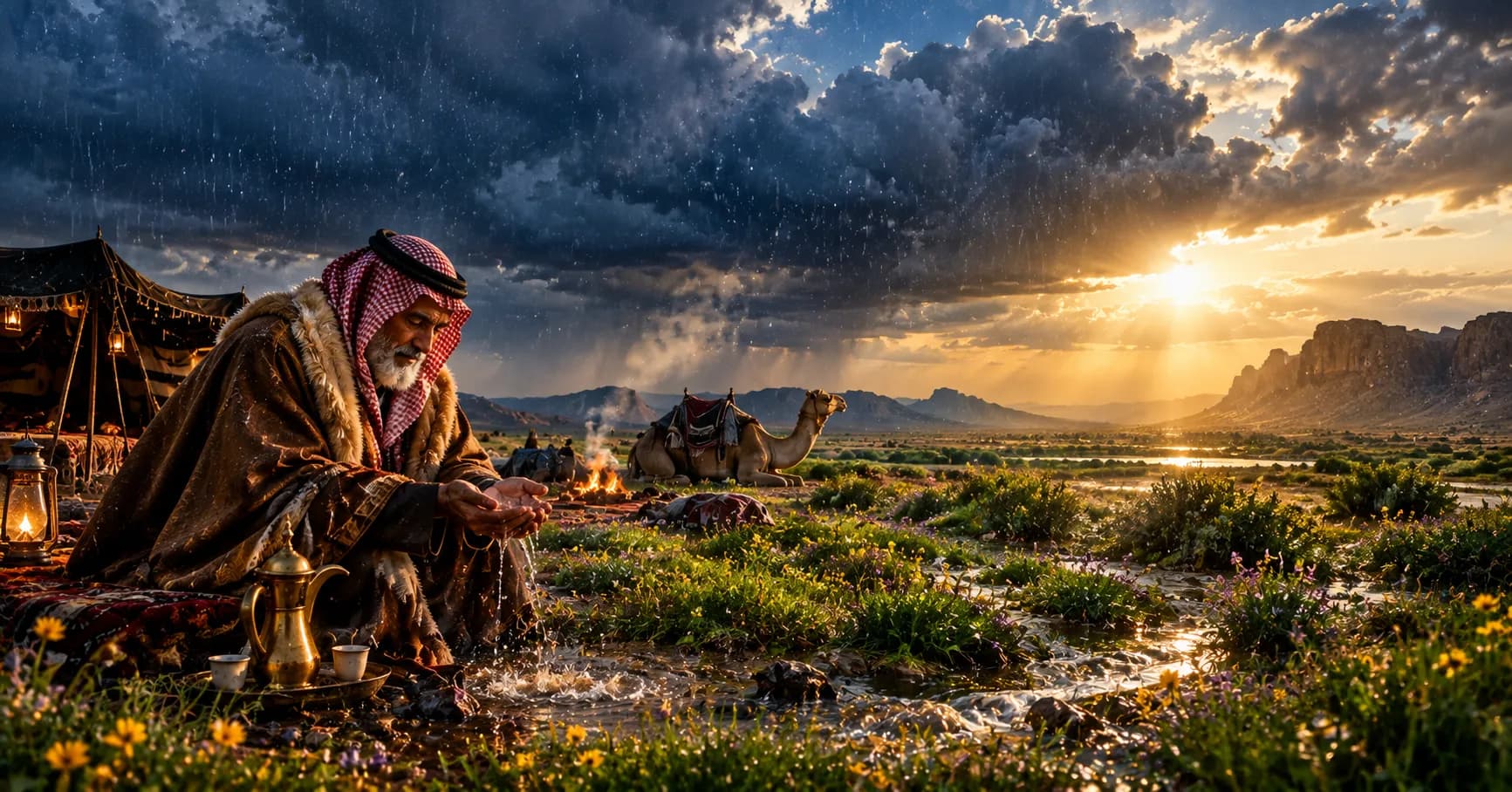 البركة في الأمطار الموسمية في الجزيرة العربية — أرض صحراوية تتفتح بالربيع بعد أمطار الوسم ومنازل القمر